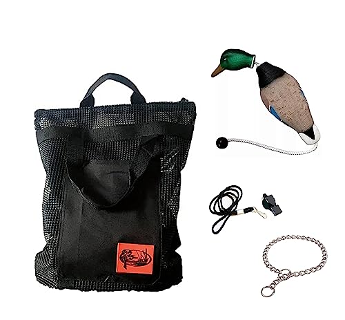 HuntEmUp Hunting Dog Essentials Training Kit - Mesh Bumper Storage Bag + Dead Fowl Mallard Dummy + Whistle & Lanyard + Training Chain