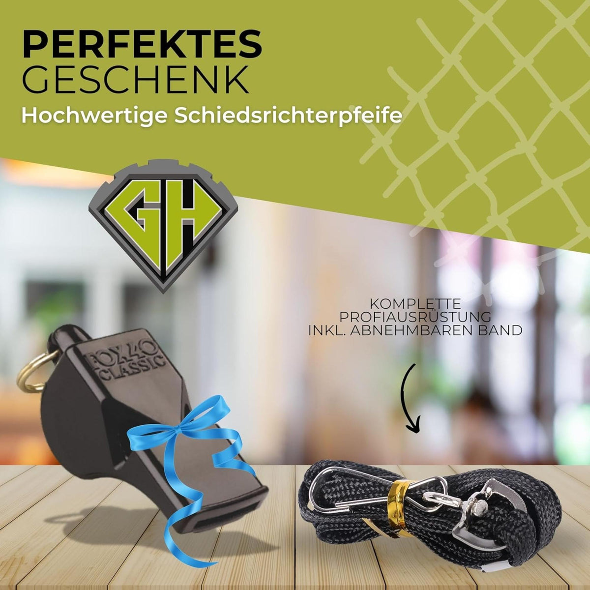 Safety whistle with attached breakaway lanyard, designed for loud, clear signaling during sports, training, or emergency situations.