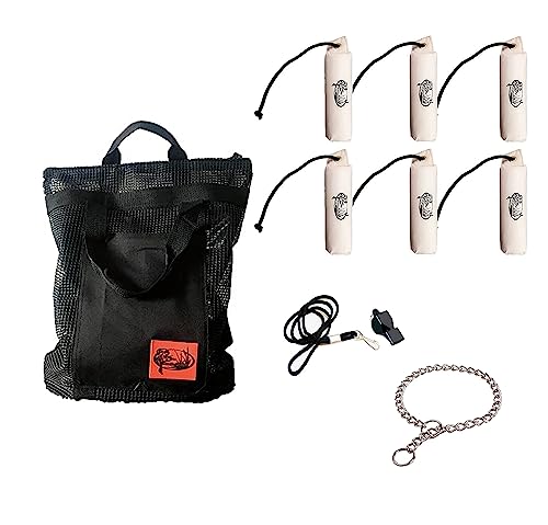 HuntEmUp Hunting Dog Essentials Training Kit - Large White Canvas Bumper 6pc + Mesh Bumper Bag + Whistle & Lanyard + Training Chain