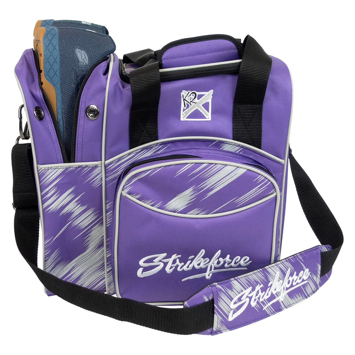 KR Strikeforce Flexx Single Tote Bowling Bag with Side Shoe Compartment and Front Accessory Compartment (Purple/Silver) - view 2