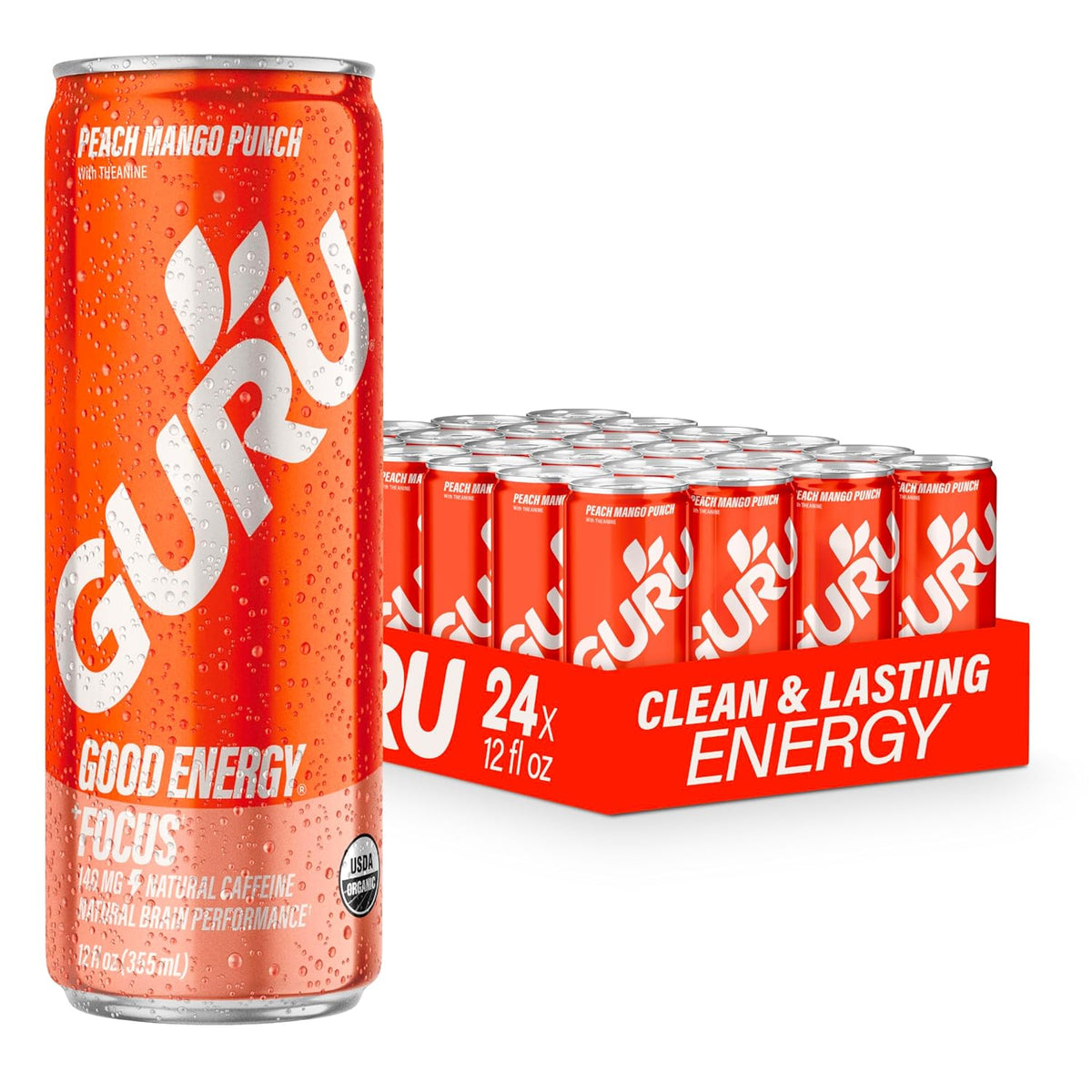 Guru Organic Peach Mango Energy Drink, 12 oz (Case of 24)