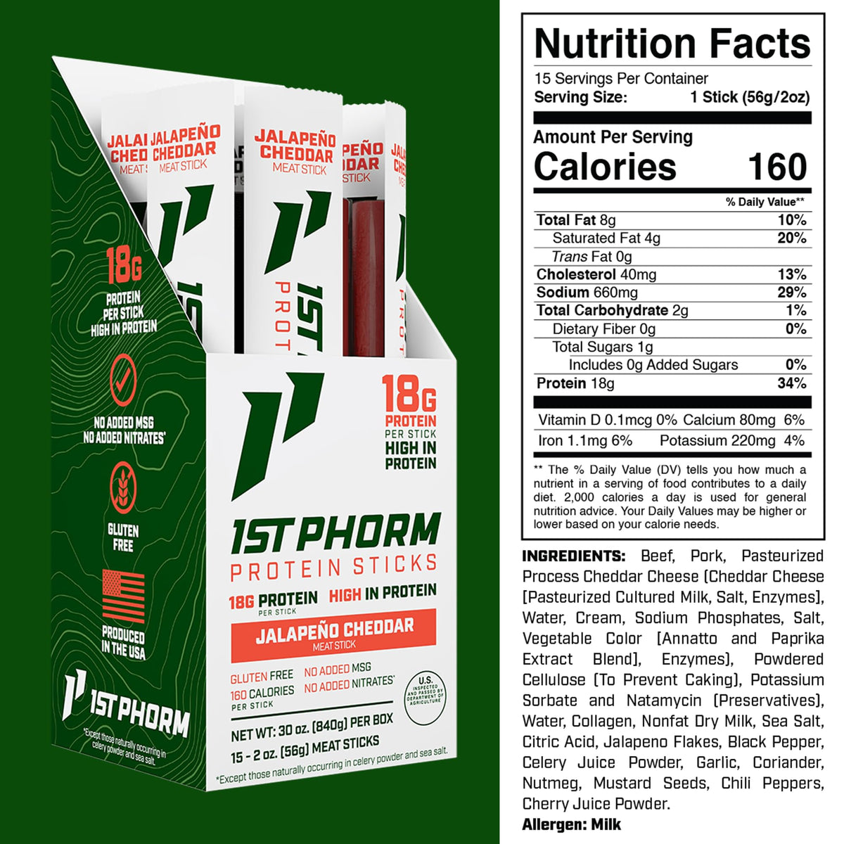 1st Phorm Protein Sticks, Jalapeno Cheddar, 18g Protein, 15 Count - view 2