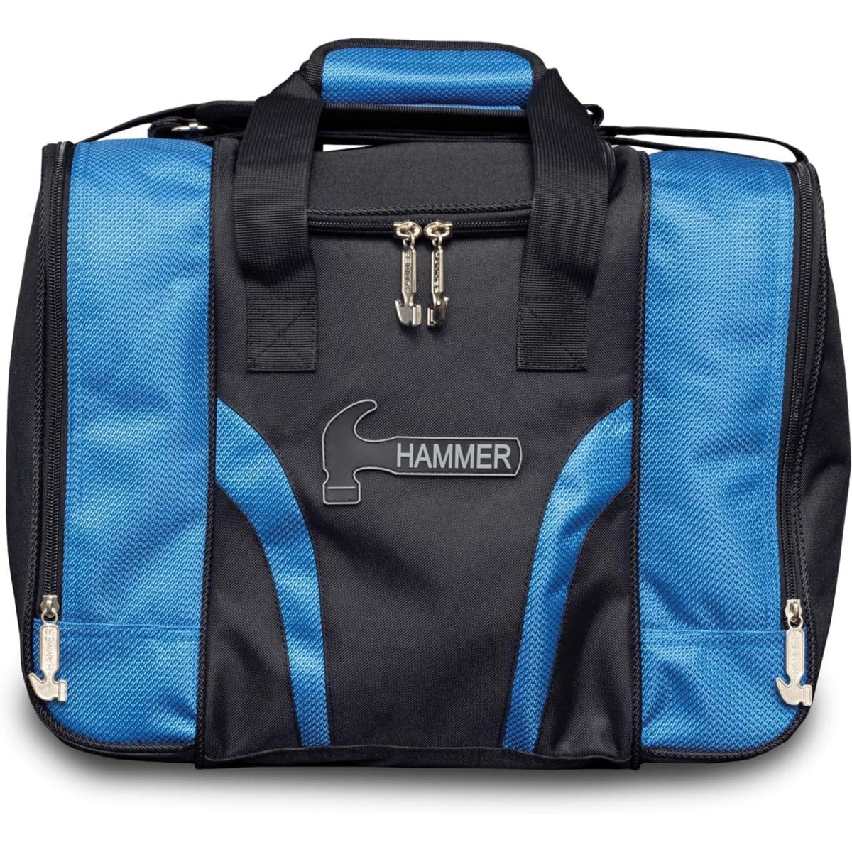 Single tote bowling bag with carrying handles, zippered compartments, and side pockets for storing one bowling ball and accessories.