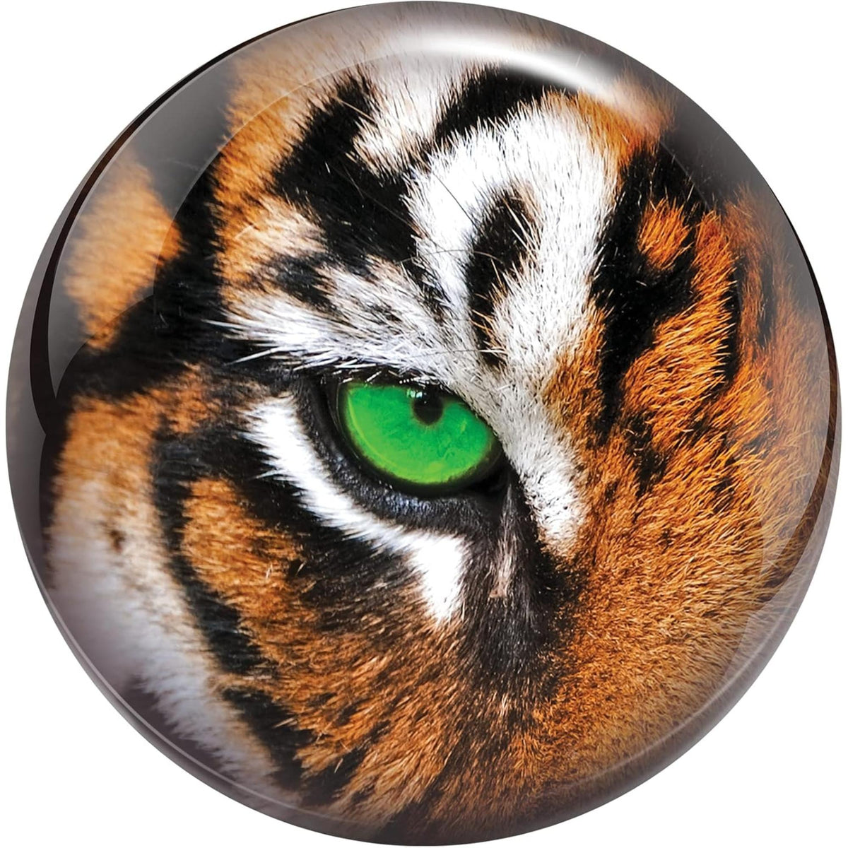 Bowling ball featuring a detailed close-up image of a tiger’s face with an open mouth, showing teeth and intense expression.