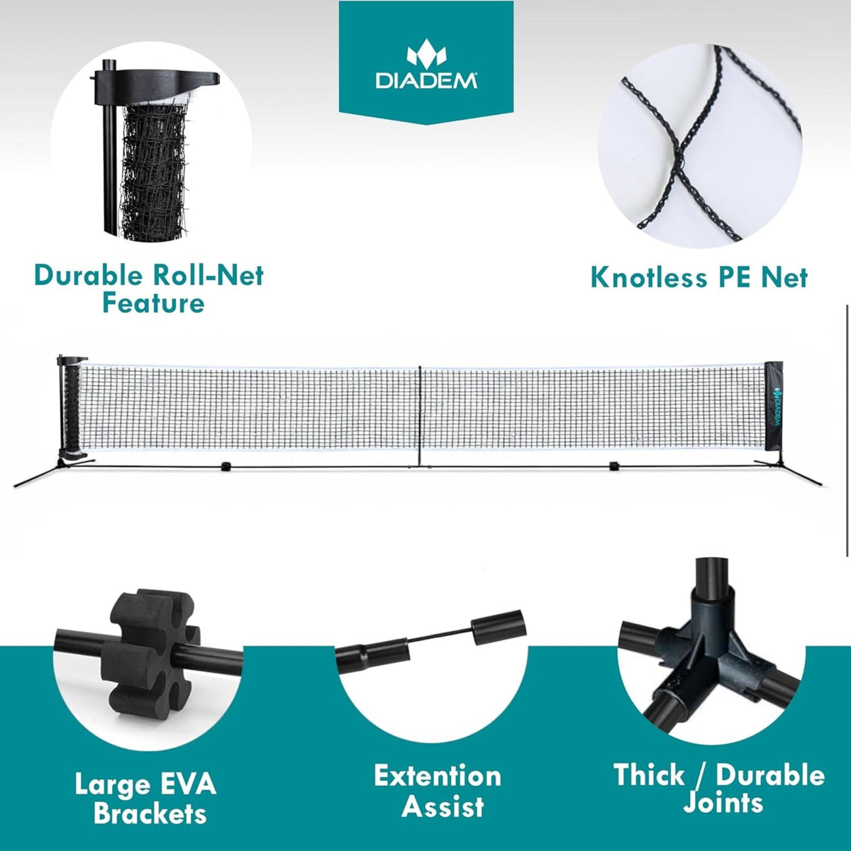 Portable rollout pickleball or junior tennis net system with full-width net, support frame, and feature highlights including roll-up design, knotless netting, foam brackets, extension support, and durable joints.