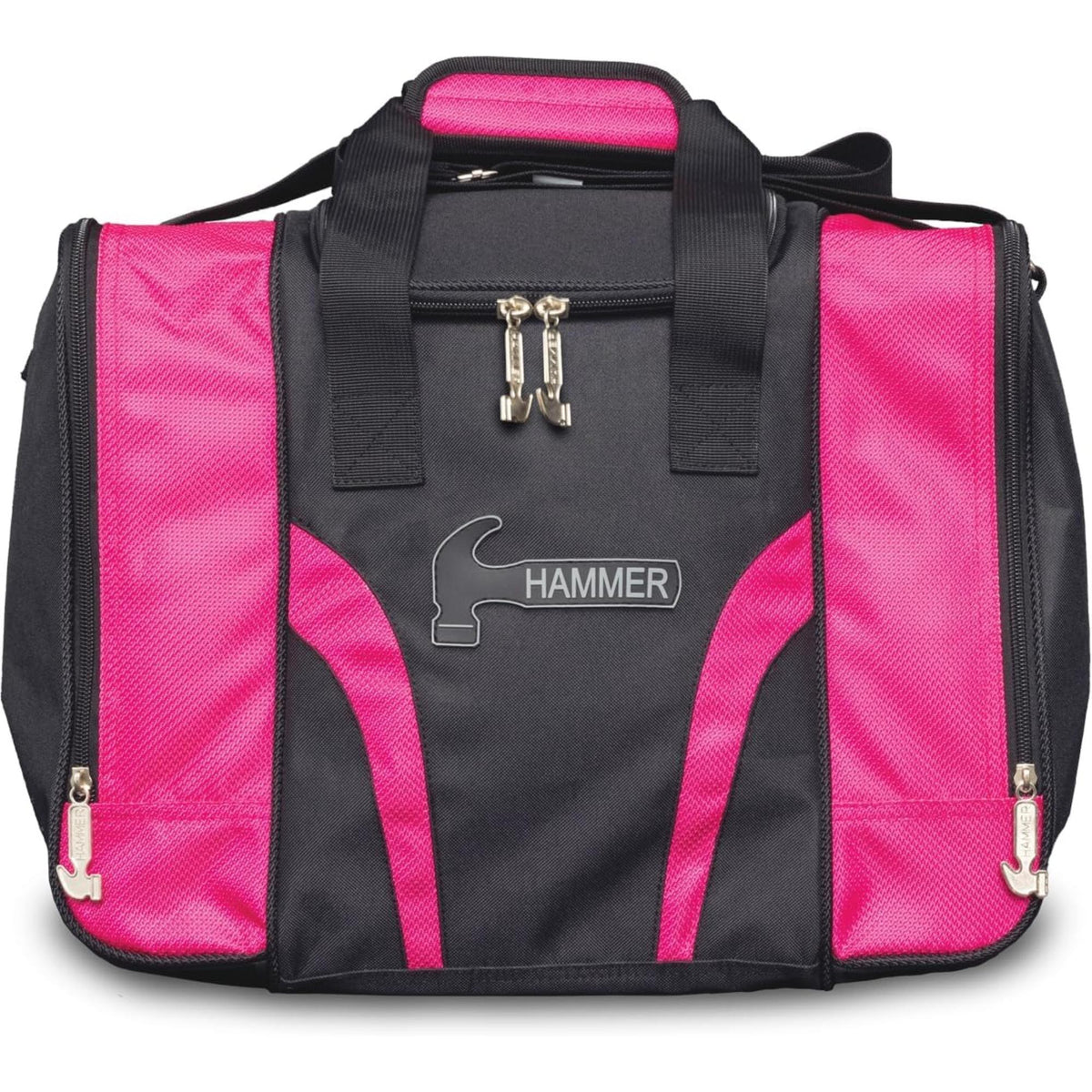 Single tote bowling bag with carrying handles, zippered compartments, and side pockets for storing one bowling ball and accessories.
