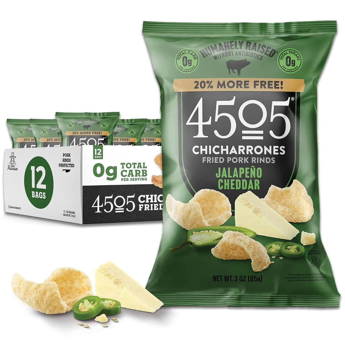 4505 Jalapeño Cheddar Chicharrones Pork Rinds, 3 oz (Case of 12)