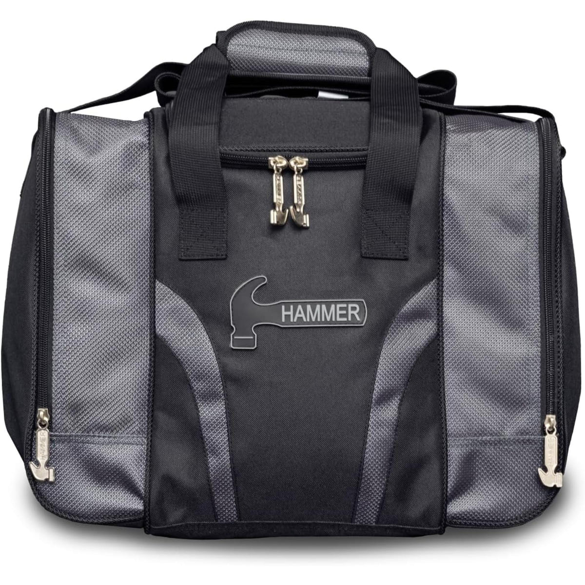 Single tote bowling bag with carrying handles, zippered compartments, and side pockets for storing one bowling ball and accessories.