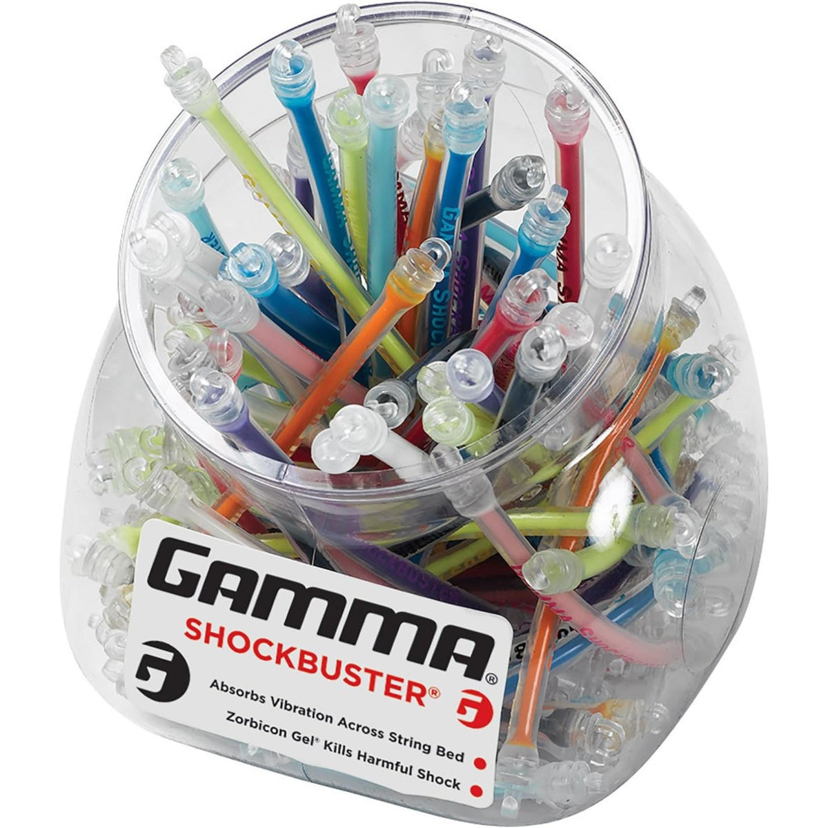 Clear jar filled with multiple tennis racket vibration dampeners designed to reduce string vibration and improve playing comfort.