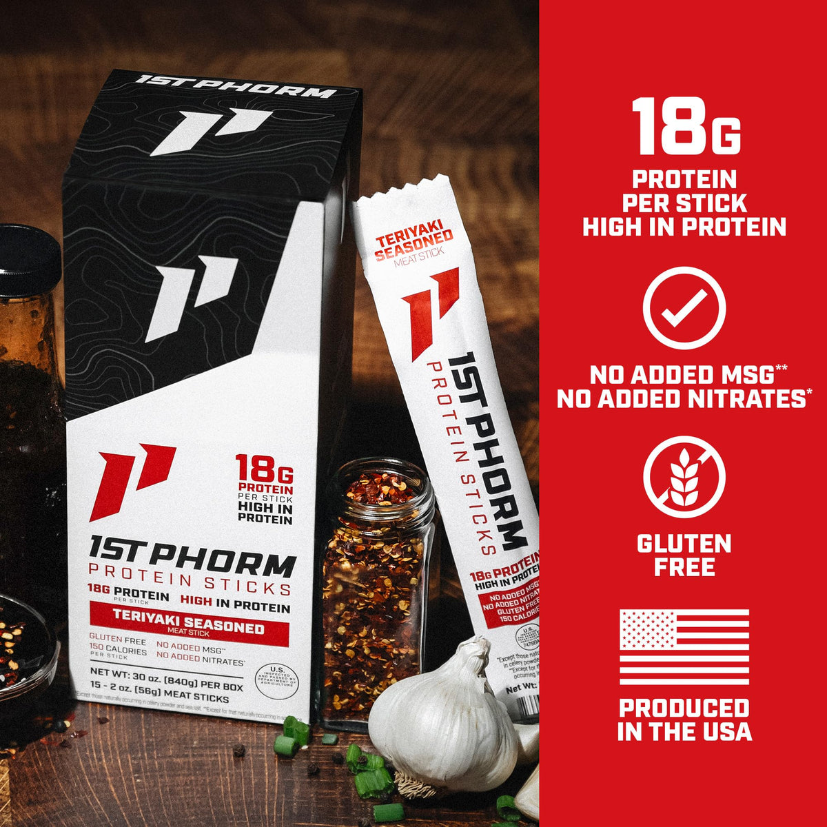 1st Phorm Protein Sticks, Teriyaki Seasoned, 18g Protein, 15 Count - view 2