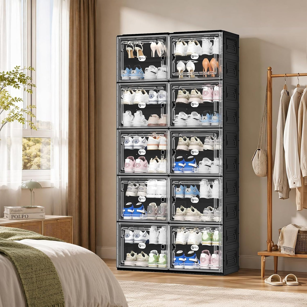 2Row Shoe Cabinet, Black, Clear Magnetic Doors, Collapsible Enclosed Storage - View 3