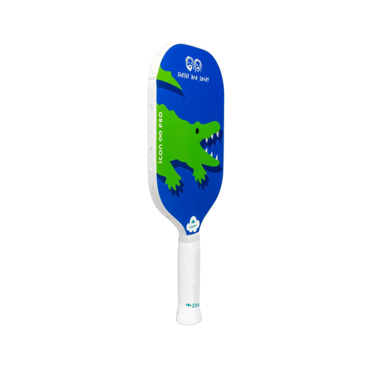Diadem Icon Infinity Pro pickleball paddle featuring a playful all-over pattern with assorted icons, shown upright with a wrapped handle.