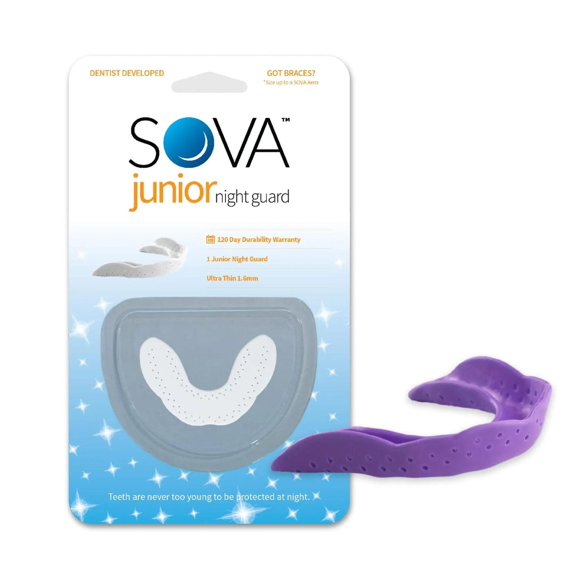 Junior dental night guard with storage case designed for protecting teeth during sleep.