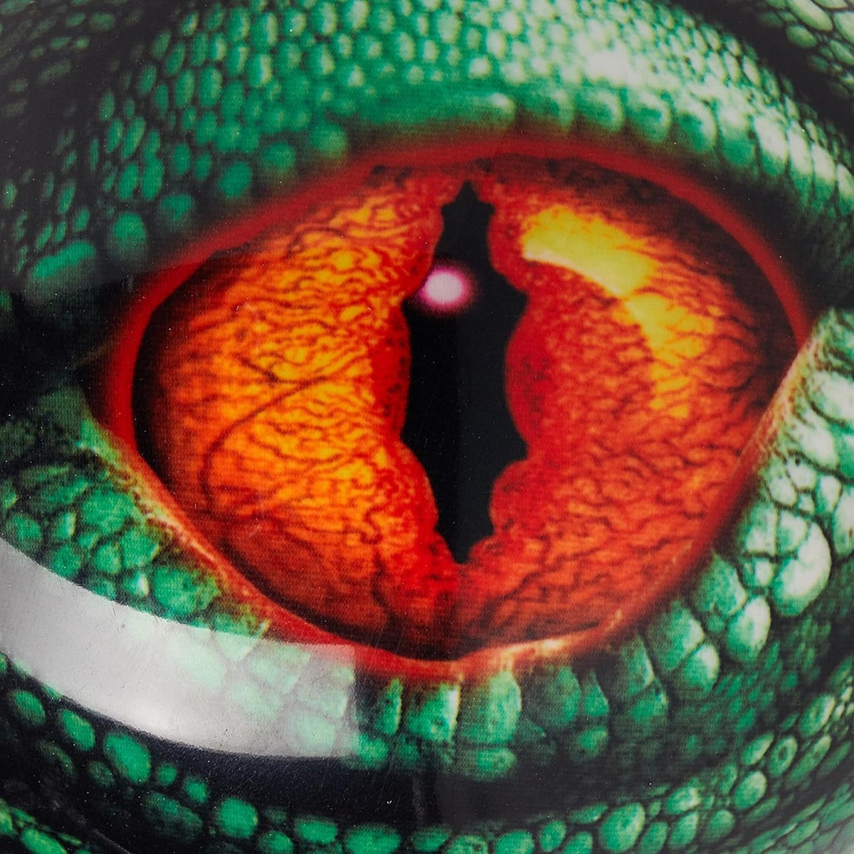 Bowling ball featuring a detailed graphic of a reptile eye with textured scales and a large, striking pupil design.