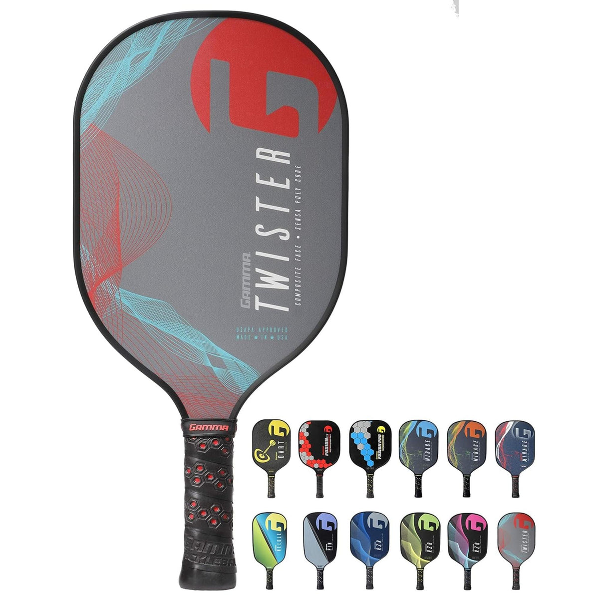 Composite pickleball paddle with textured face and cushioned grip handle, displayed alongside multiple design variations of the same paddle model.