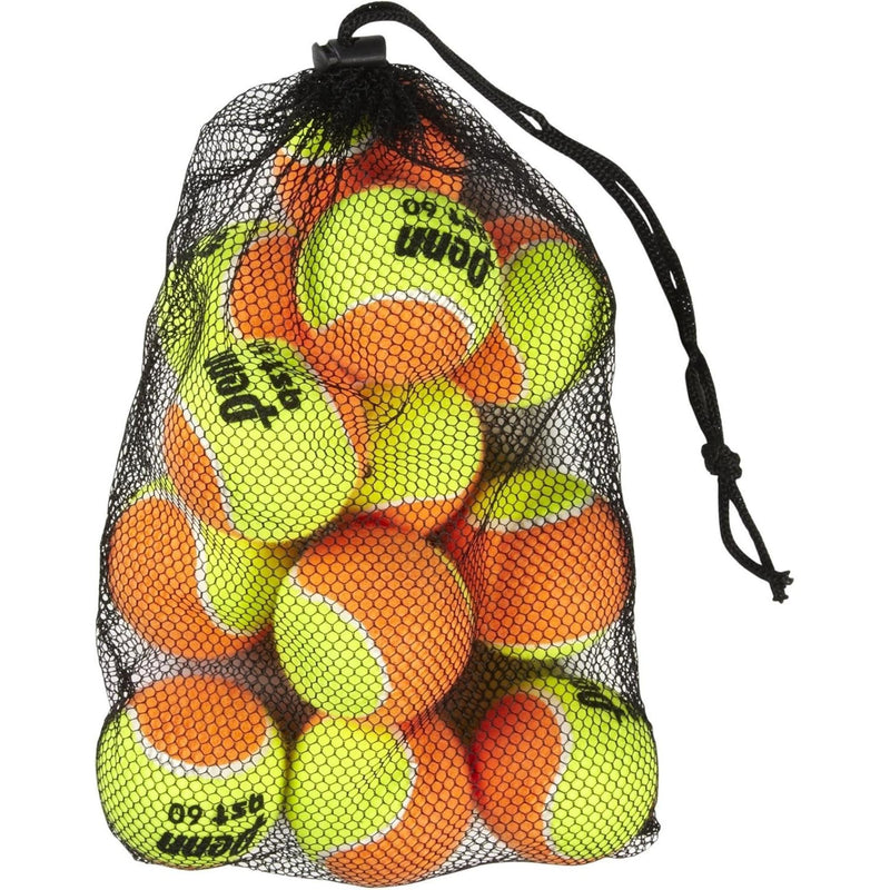Mesh bag of Penn QST 60 tennis balls with orange dot design for beginner and youth training.