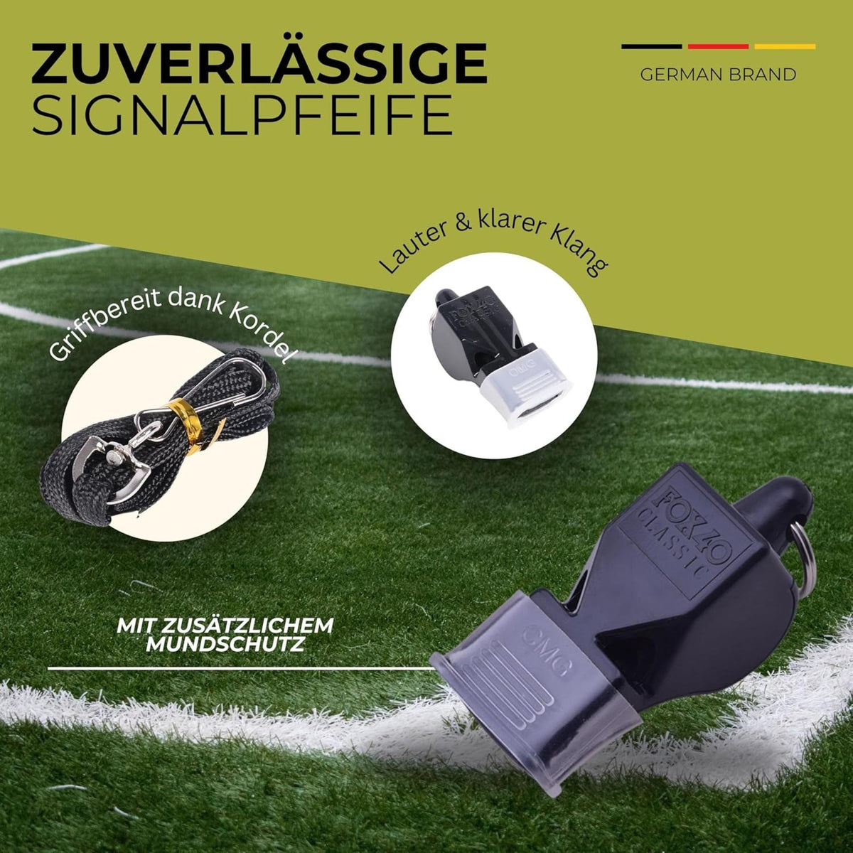 Safety whistle with attached breakaway lanyard, designed for loud, clear signaling during sports, training, or emergency situations.