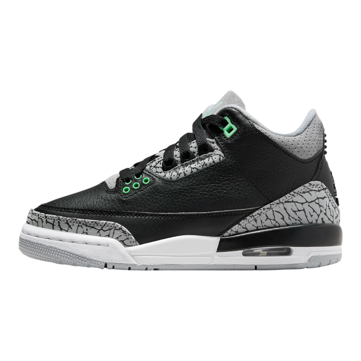Air Jordan 3 Retro 'Green Glow' Big Kids' (GS) Sneakers — Black/Green Glow Leather Mid-Top