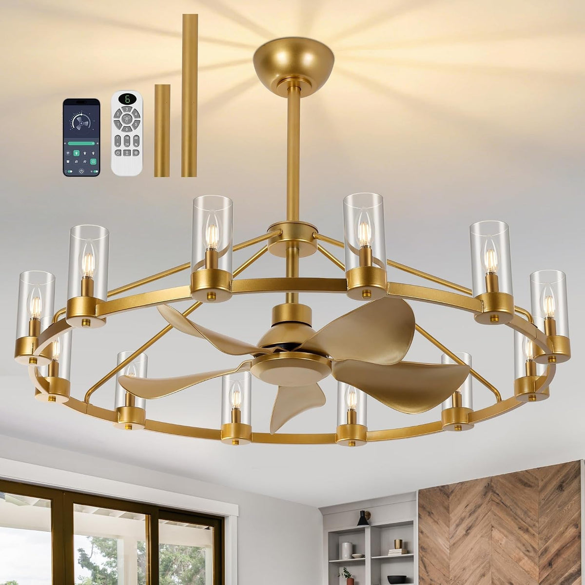44" Wagon Wheel Chandelier Ceiling Fan, 12-Light, Remote & App Control - View 2