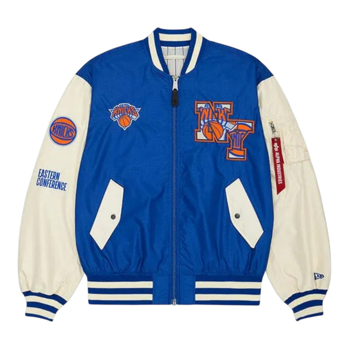 New Era x Alpha Industries New York Knicks L-2B Men's Bomber Jacket — Royal/Cream