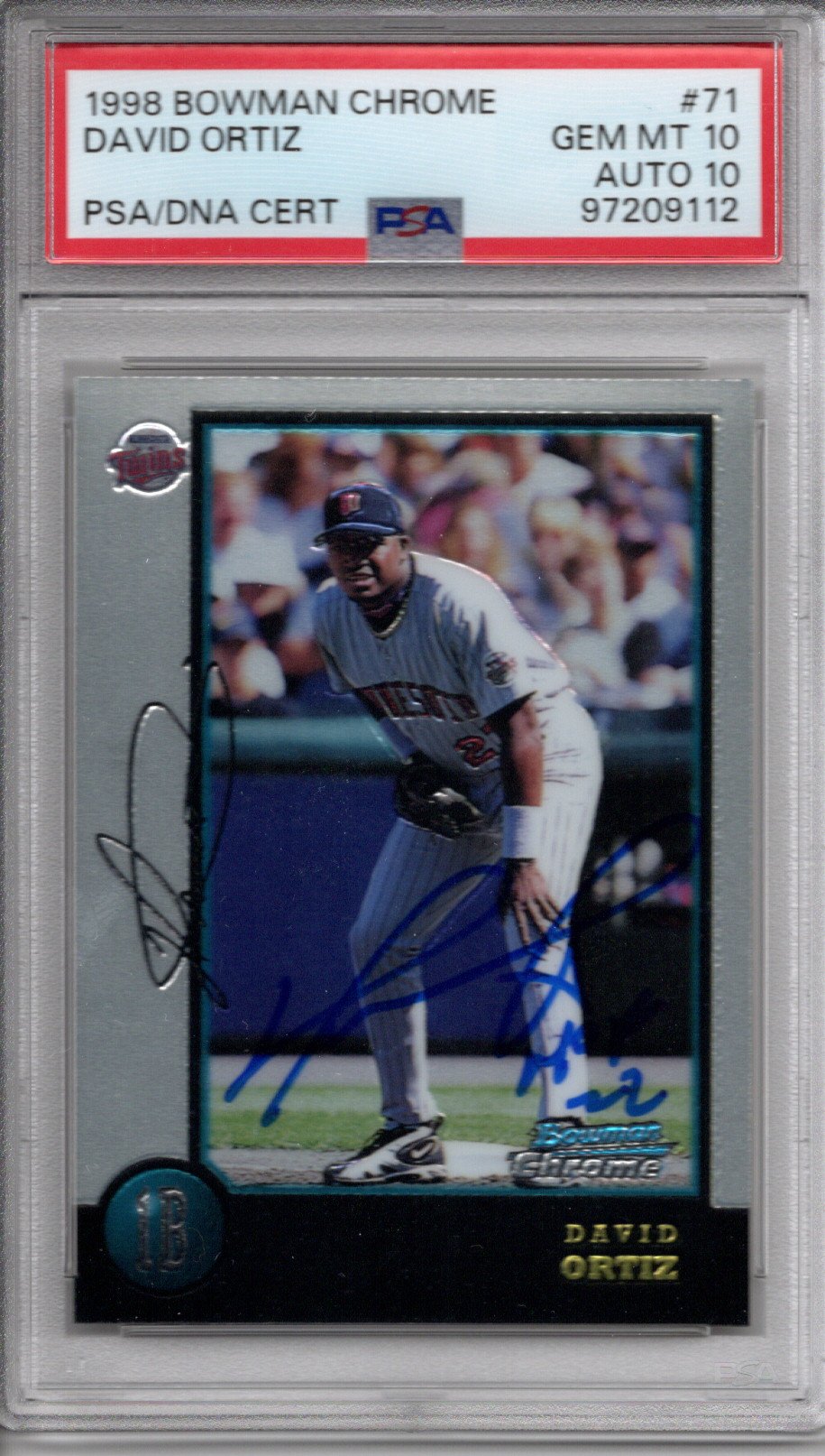 David Ortiz Autographed Minnesota Twins 1998 Bowman Chrome #71 Rookie Card W/ HOF 22 PSA Graded Encapsulated 97209112