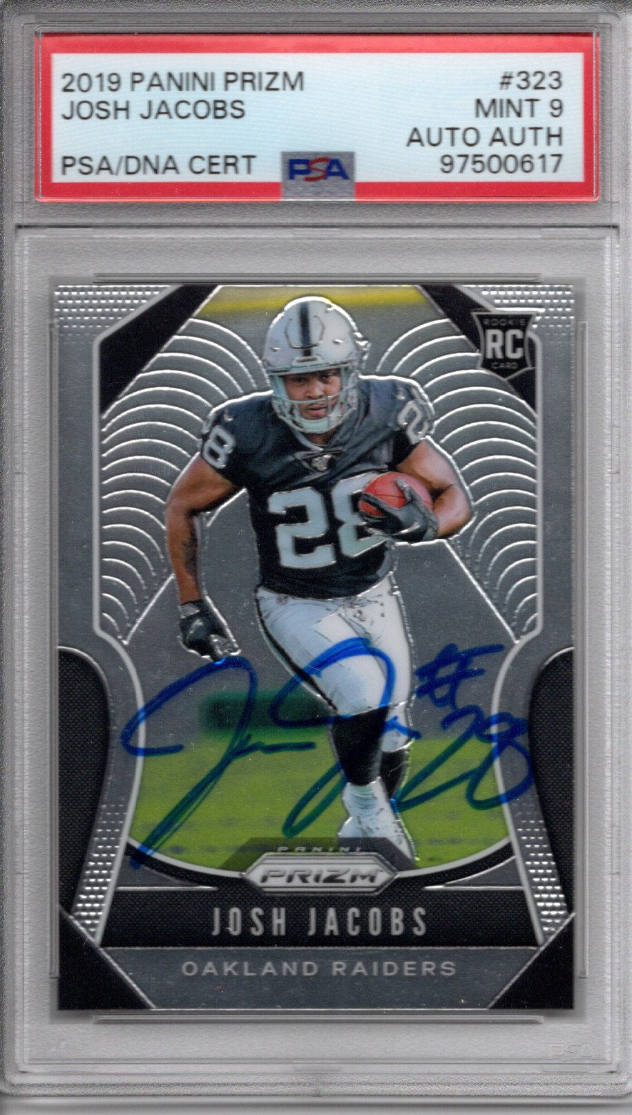 Josh Jacobs Autographed Las Vegas Raiders 2019 Panini Prizm Rookie Card #323 PSA Graded MINT 9 AUTO AUTH