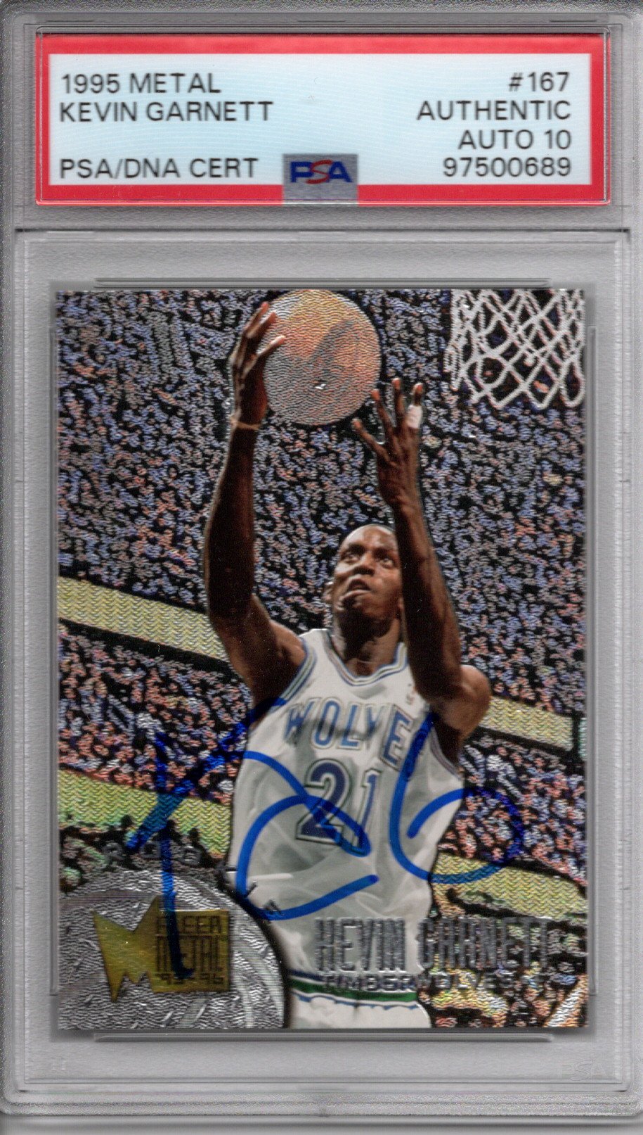 Kevin Garnett Autographed Minnesota Timberwolves 1995 Fleer Metal Rookie Card #167 PSA Encapsulated 97500689