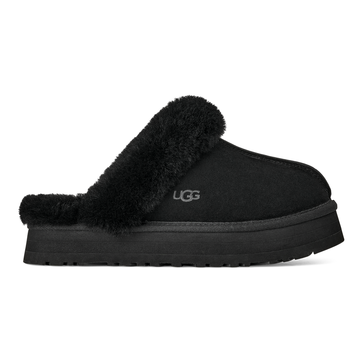 UGG Disquette Womens Platform Slippers — Black Suede