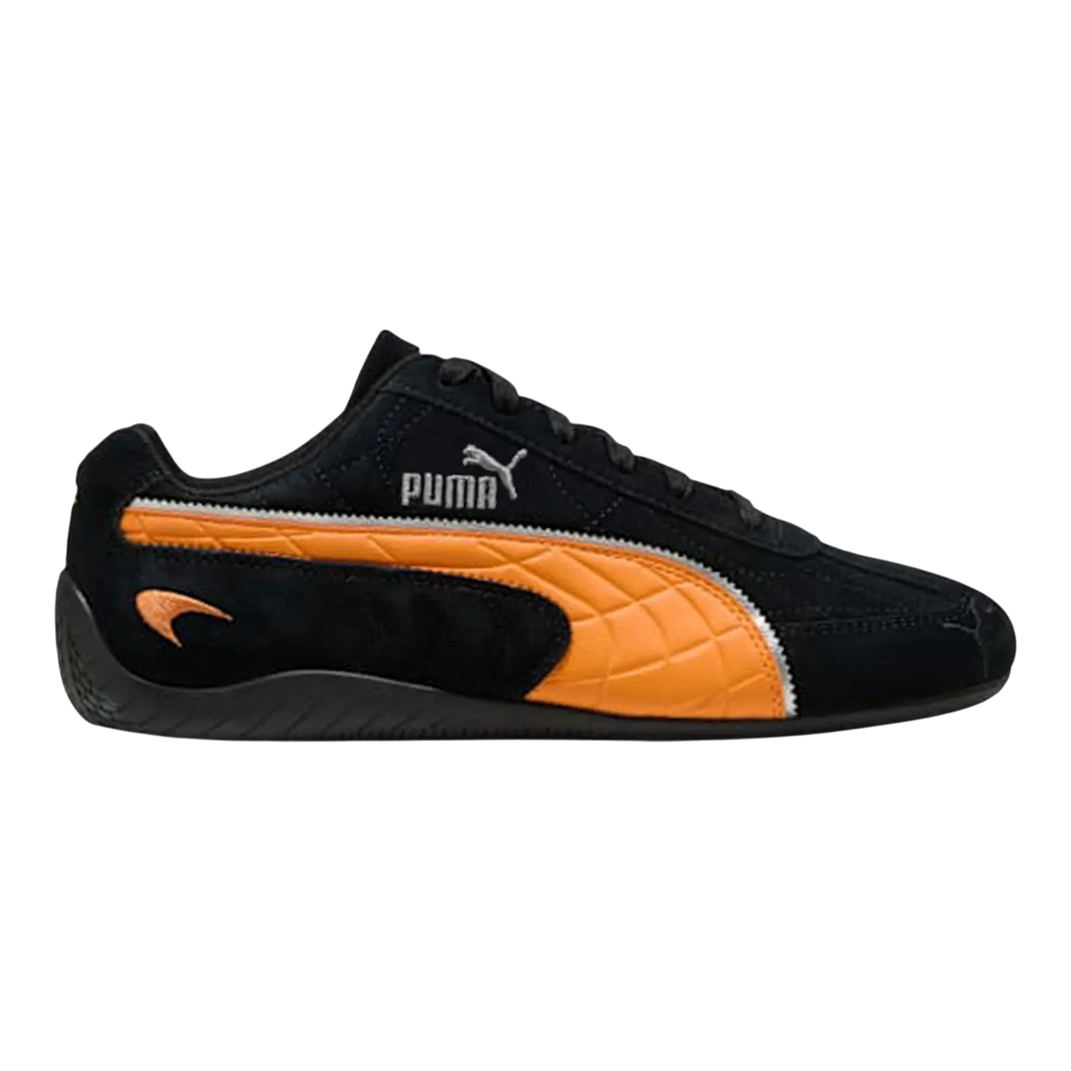PUMA McLaren Speedcat Mens Sneakers — PUMA Black/Bright Papaya Suede Low-Top