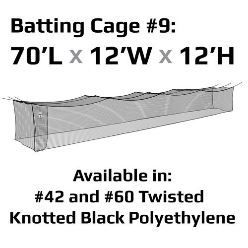 JUGS Batting Cage Nets in Cage 9: 70' L x 12' W x 12' H / #60 Twisted Knotted Black Polyethylene - Front View