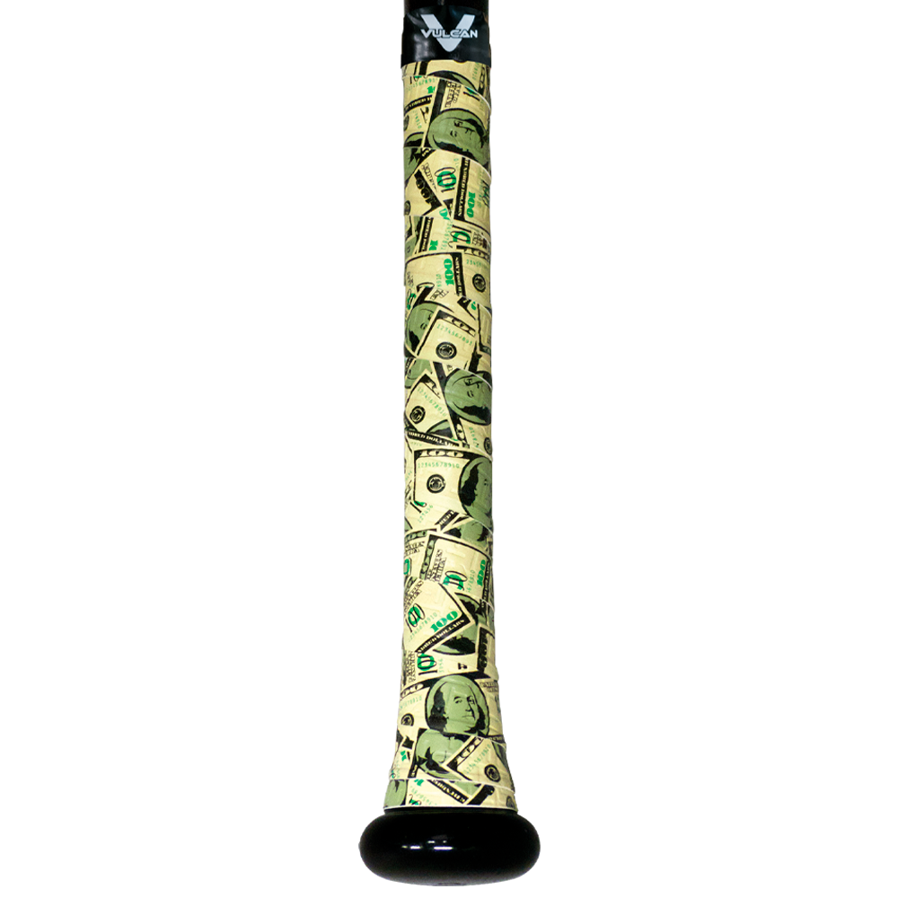 Vulcan Money baseball bat grip featuring a U.S. dollar bill pattern with green and black currency graphics, wrapped on a bat handle with a black end cap, shown vertically on a light background. ⚾