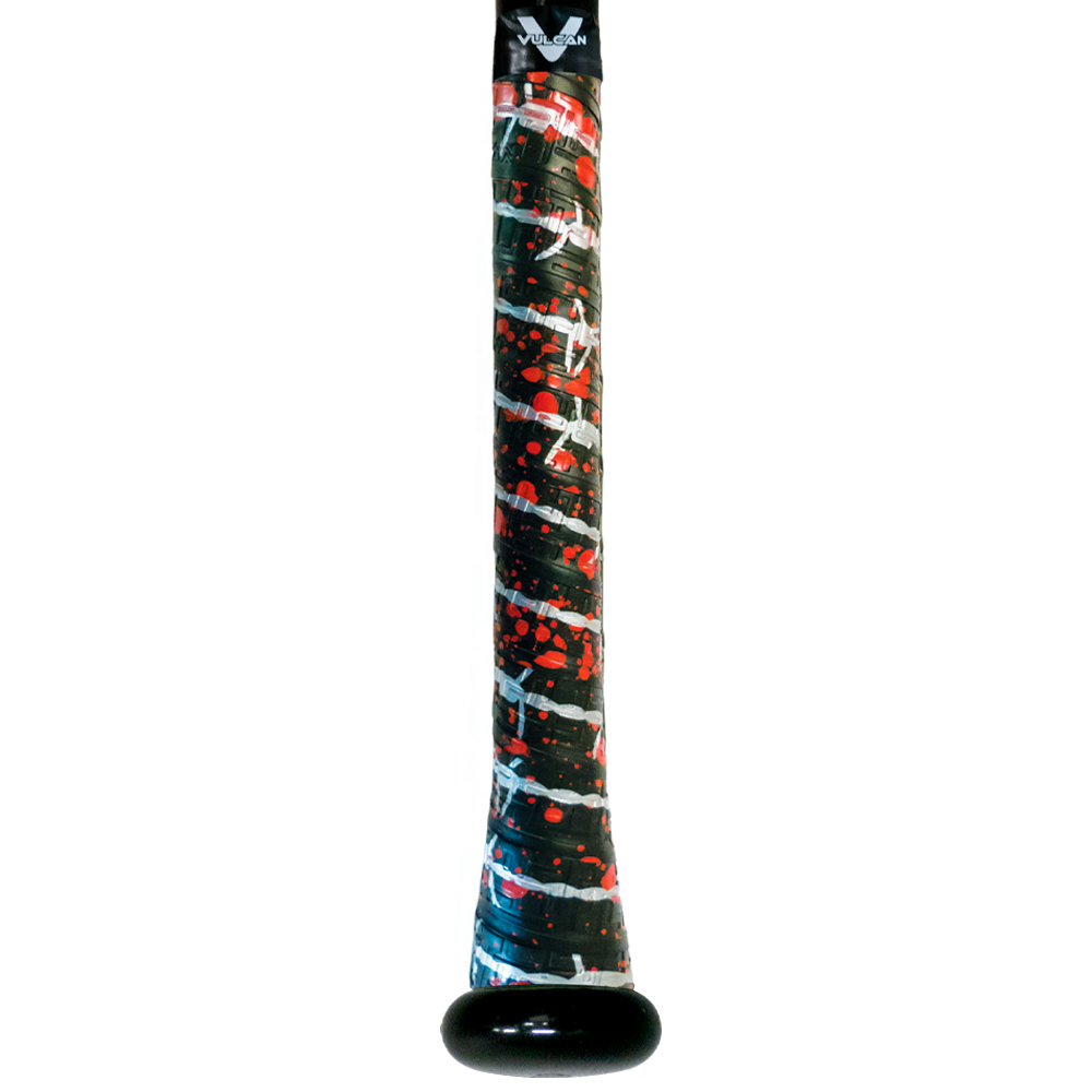 Vulcan Apocalypse baseball bat grip featuring a black base with white streaks and red splatter pattern, wrapped around a bat handle with a black end cap in vertical view. ⚾