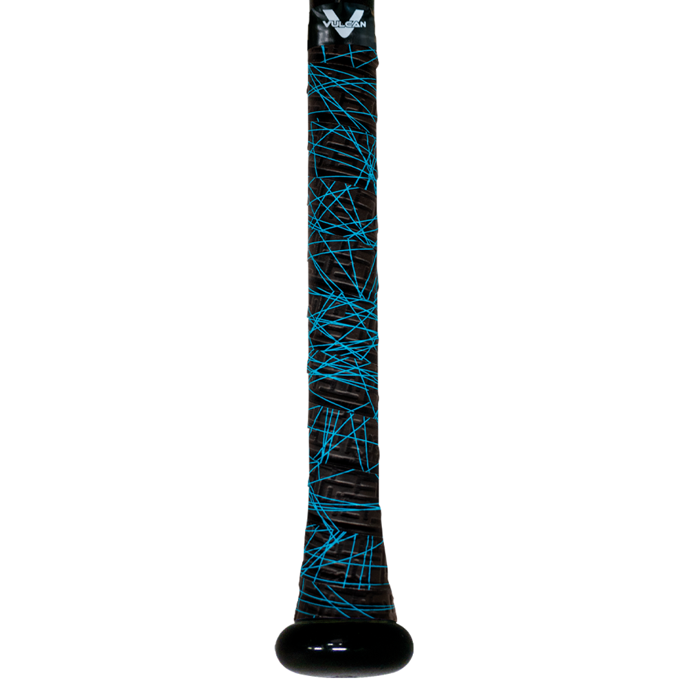 Vulcan Blue Lazer baseball bat grip featuring a black base with bright blue laser-style line graphics and textured surface, wrapped around a bat handle with a black end cap in vertical view. ⚾