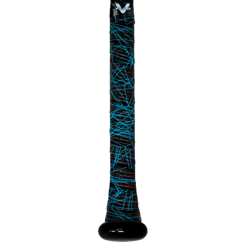Vulcan Blue Lazer baseball bat grip featuring a black base with bright blue laser-style line graphics and textured surface, wrapped around a bat handle with a black end cap in vertical view. ⚾