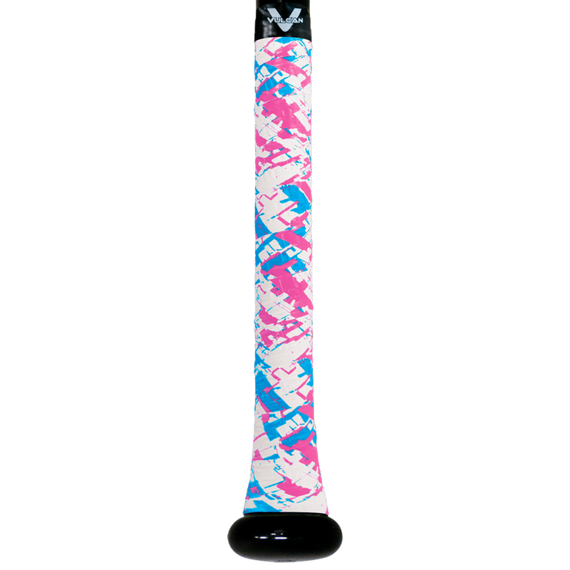 Vulcan ASP Series baseball bat grip featuring a white base with pink and blue abstract camo-style pattern and textured surface, wrapped around a bat handle with a black end cap in vertical view. ⚾