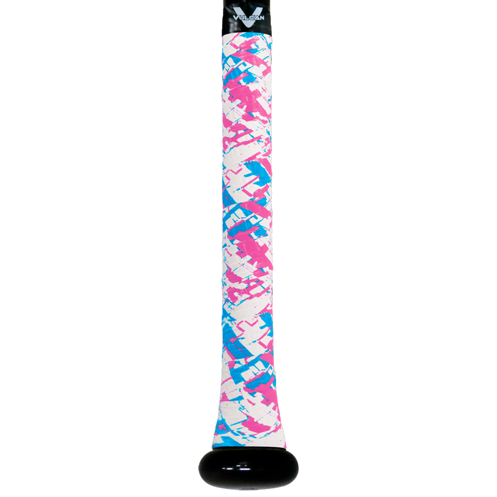 Vulcan ASP Series baseball bat grip featuring a white base with pink and blue abstract camo-style pattern and textured surface, wrapped around a bat handle with a black end cap in vertical view. ⚾