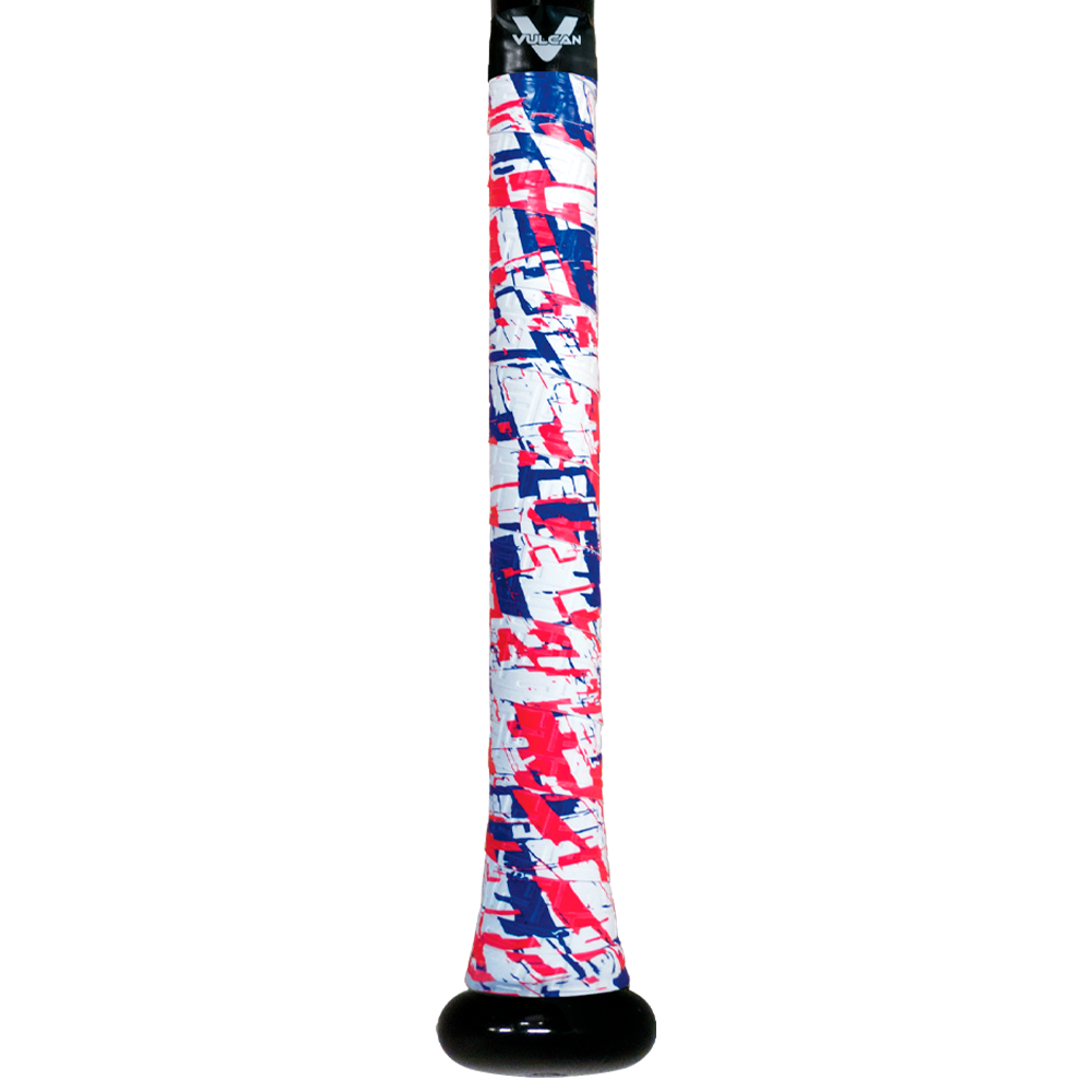 Vulcan baseball bat grip featuring a white base with red and blue camo-style pattern and textured surface, wrapped around a bat handle with a black end cap in vertical view. ⚾