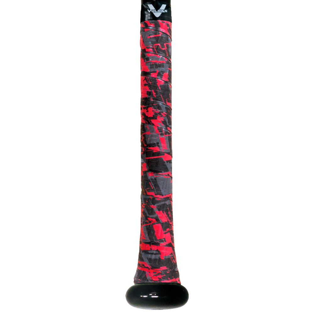 Vulcan baseball bat grip featuring a black base with red camo-style pattern and textured surface, wrapped around a bat handle with a black end cap in vertical view. ⚾
