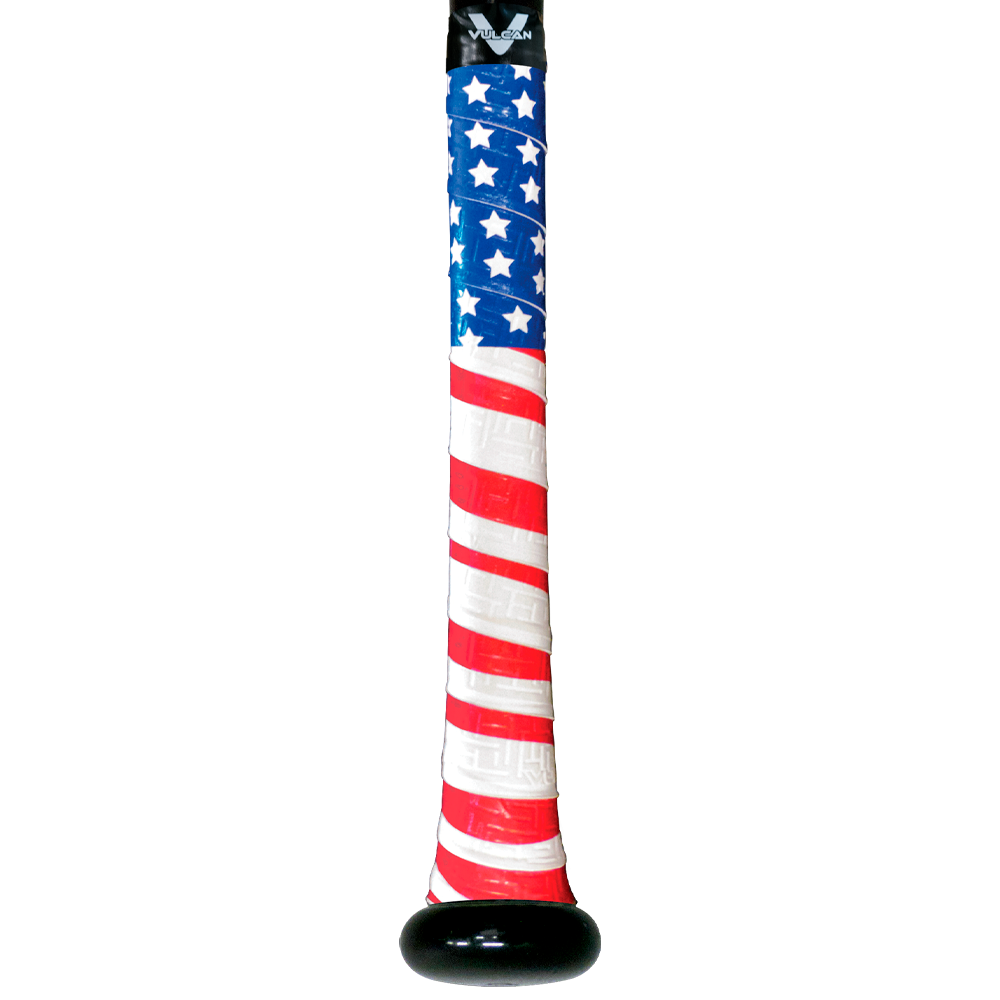 Vulcan Old Glory bat grip with American flag design featuring blue field with white stars and red and white stripes for enhanced bat control and patriotic style.