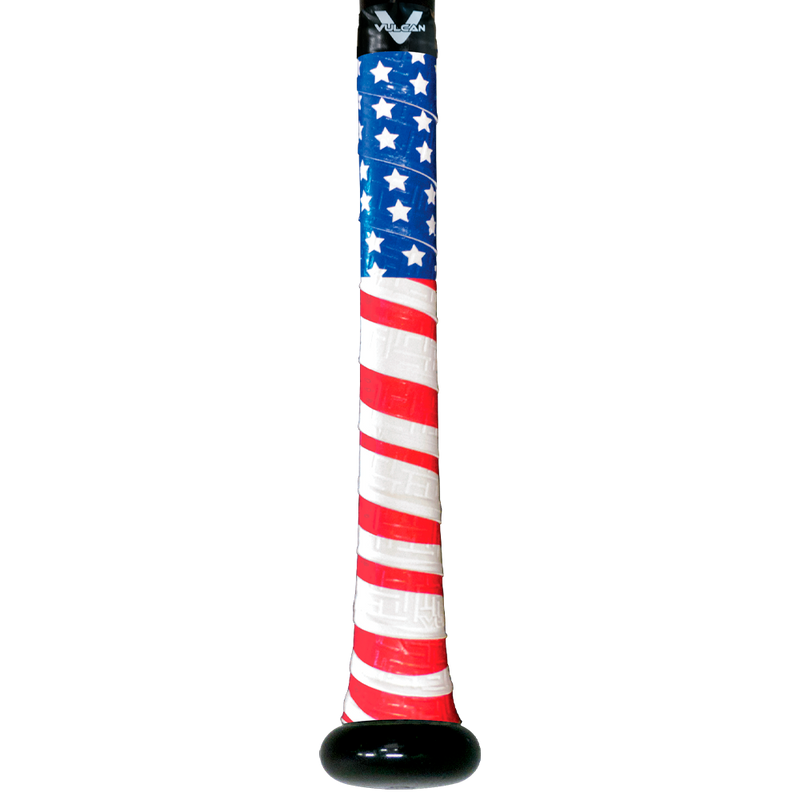 Vulcan Old Glory bat grip with American flag design featuring blue field with white stars and red and white stripes for enhanced bat control and patriotic style.