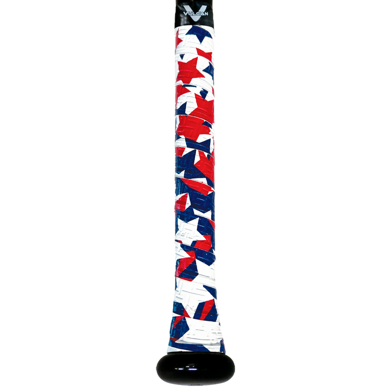 Vulcan Independence Day baseball bat grip featuring a red, white, and blue star pattern with textured finish and black end cap, shown wrapped on a bat handle in vertical view on a light background. ⚾
