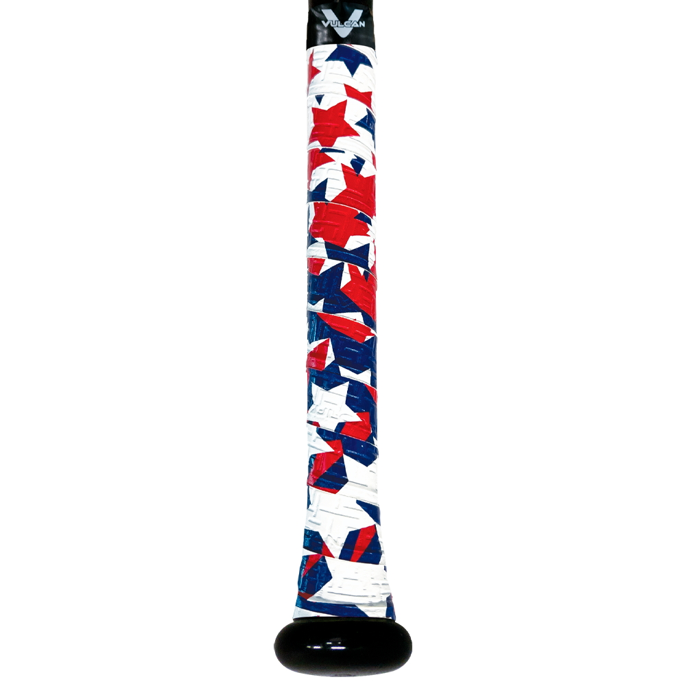 Vulcan Independence Day baseball bat grip featuring a red, white, and blue star pattern with textured finish and black end cap, shown wrapped on a bat handle in vertical view on a light background. ⚾