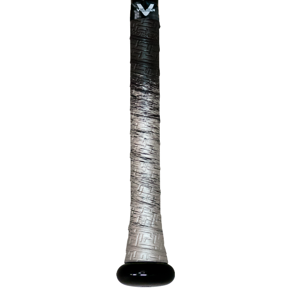 Vulcan Silver Surge baseball bat grip featuring a black-to-silver gradient design with textured pattern and black end cap, shown vertically on a light background. ⚾