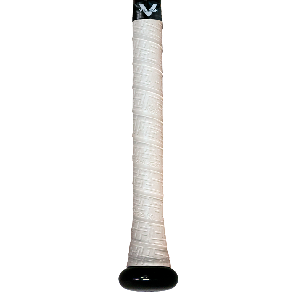 Vulcan Bright White baseball bat grip with embossed geometric texture and black end cap, shown wrapped on a bat handle in vertical view on a light background. ⚾