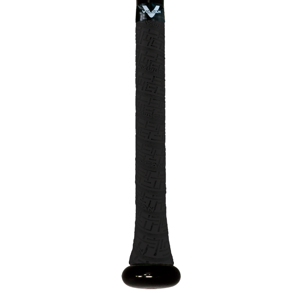 Vulcan Midnight Black baseball bat grip with subtle embossed geometric texture and black end cap, shown wrapped on a bat handle in vertical view on a light background. ⚾