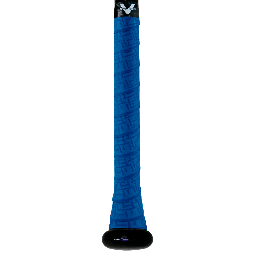 Vulcan Royal Blue baseball bat grip with embossed geometric texture and black end cap, shown wrapped on a bat handle in vertical view on a light background. ⚾