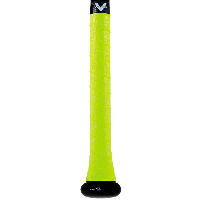 Vulcan Optic Yellow baseball bat grip with embossed geometric texture and black end cap, shown wrapped on a bat handle in vertical view on a light background. ⚾