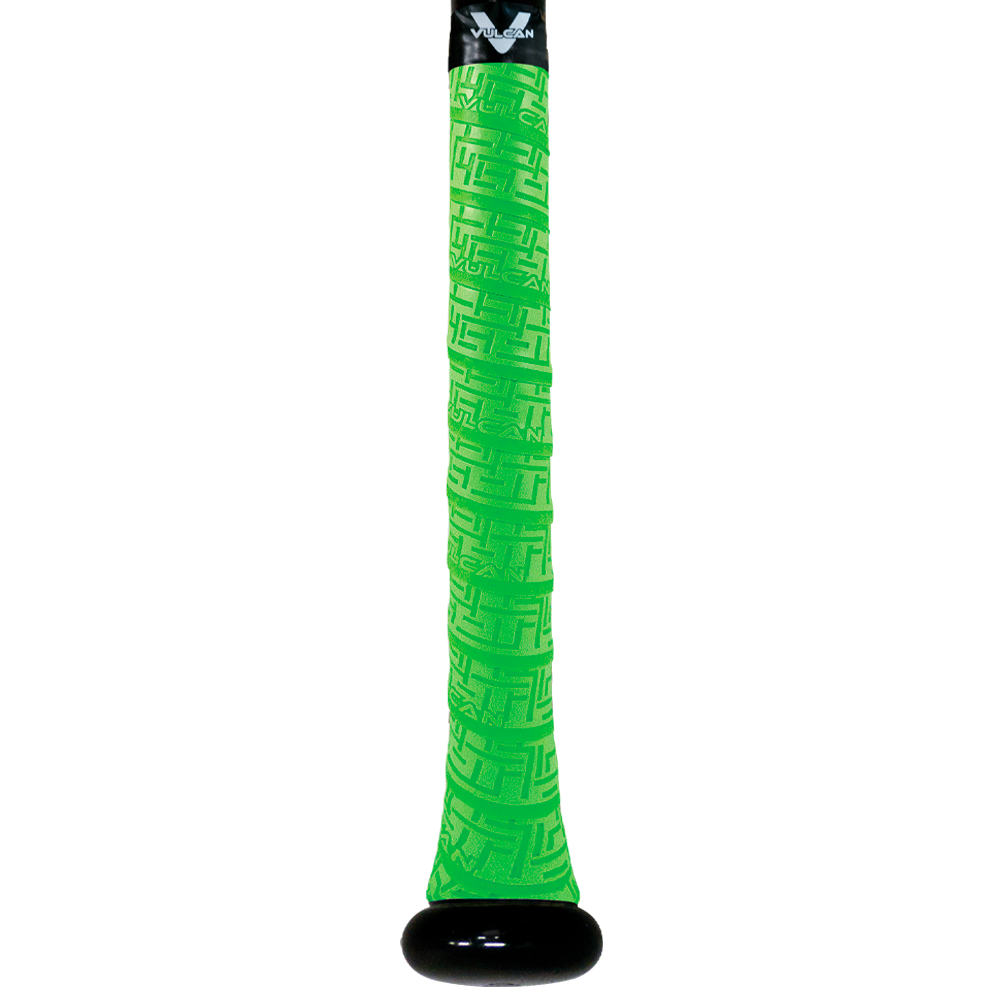 Vulcan Optic Green baseball bat grip with embossed geometric texture and black end cap, shown wrapped on a bat handle in vertical view on a light background. ⚾