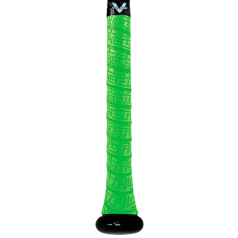 Vulcan Optic Green baseball bat grip with embossed geometric texture and black end cap, shown wrapped on a bat handle in vertical view on a light background. ⚾
