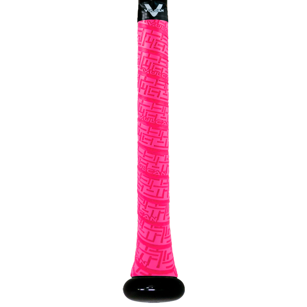 Vulcan Optic Pink baseball bat grip with embossed geometric texture and black end cap, shown wrapped on a bat handle in vertical view on a light background. ⚾